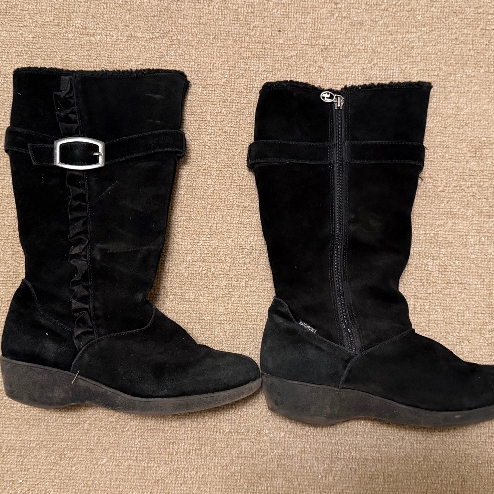 Size 8M -London Fog Monica Tall Winter Snow Boots Black Suede Wedge Fleece Lined